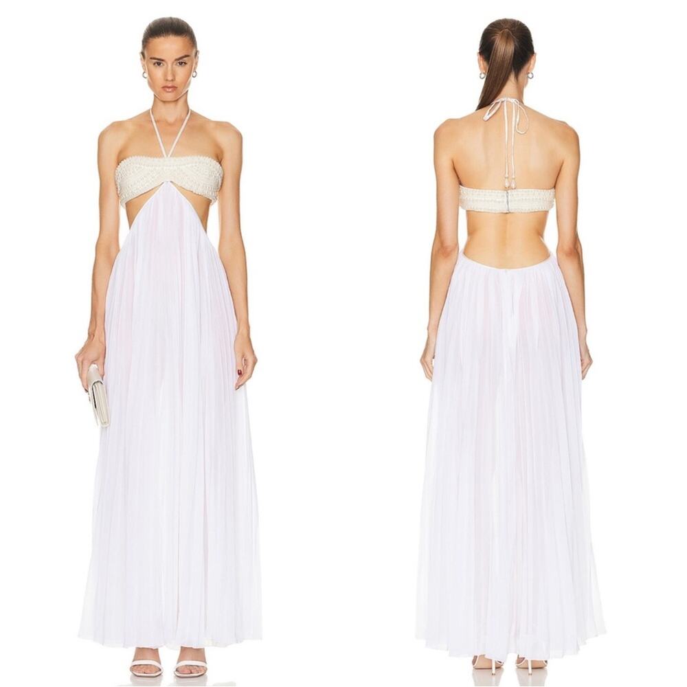 RETROFETE Ximena Pearl Embellished Cutout Pleated White Maxi Dress Size XL - Picture 2 of 10